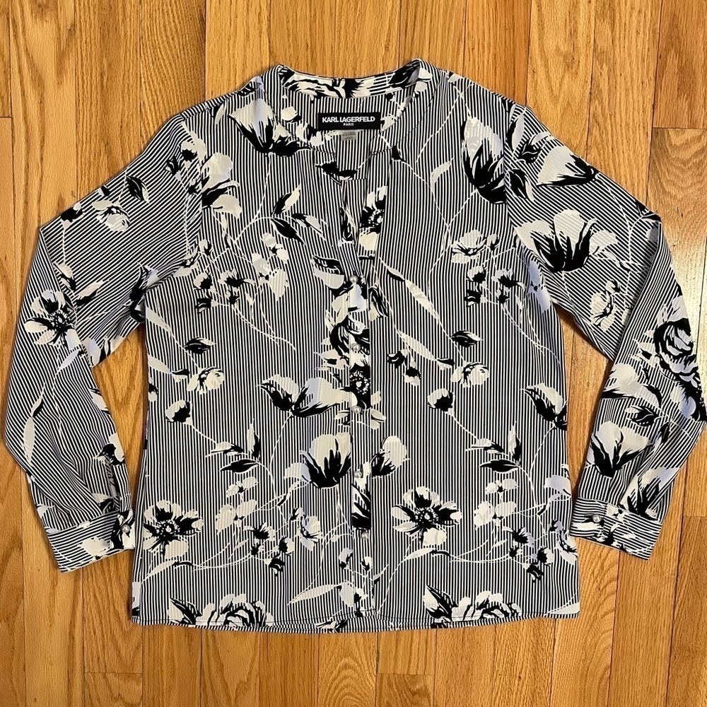 Karl Lagerfeld Black and White Floral Stripe Blouse